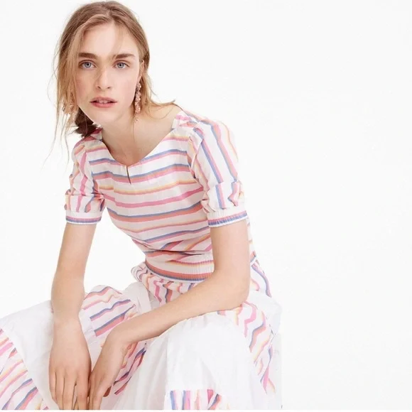 J. Crew Cinched Waist Cropped Sorbet Stripe Cotton Top Size 2P