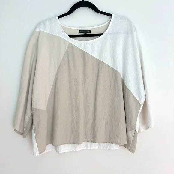 For Cynthia White Tan Linen Neutral Boxy Batwing Sleeve Blouse M