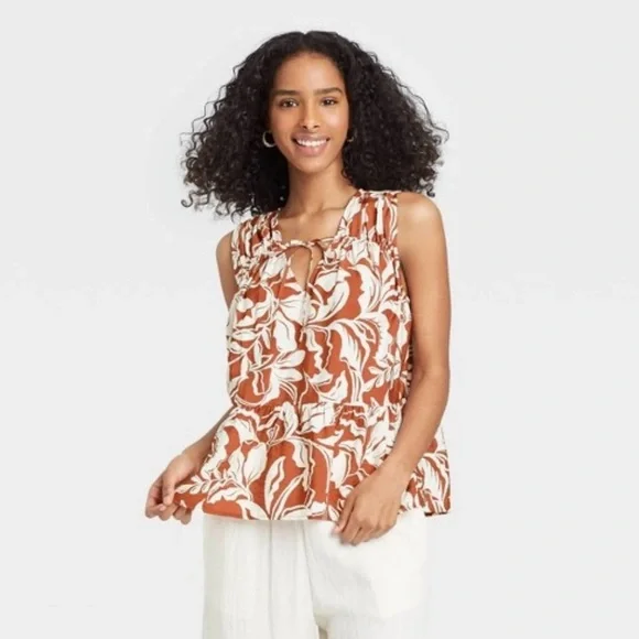 A New‎ Day- Women's Smocked flowy orange and white Tank Top Size M
