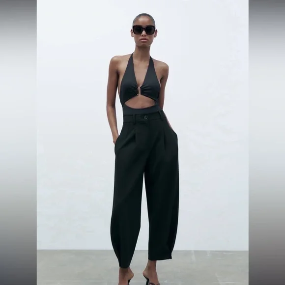 Zara Black Linen Blend Tapered Pants Large