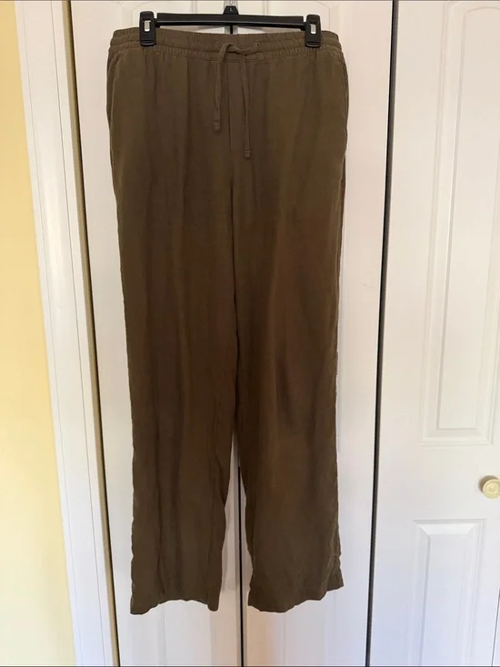 H&M Women’s Linen Blend Relaxed Fit Drawstring Pants Olive S