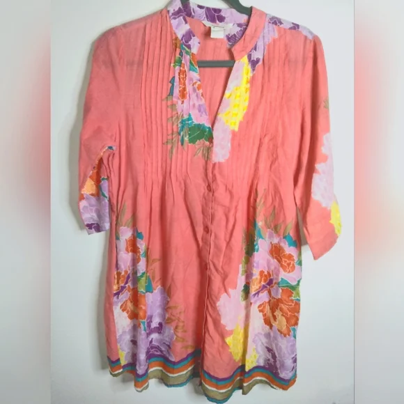 Sundance (Size M) Multicolored Floral Cotton Button Down Front Half Sleeve Tunic