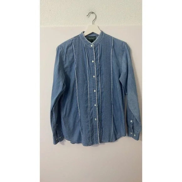 Lauren Ralph Lauren Denim Button Down Womens 4 Blue Pintuck Lace Trim Western