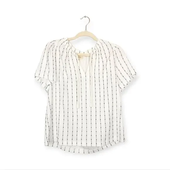 Madewell Bright Ivory Dotted Stripe Tie Neck Lightweight Tunic Top