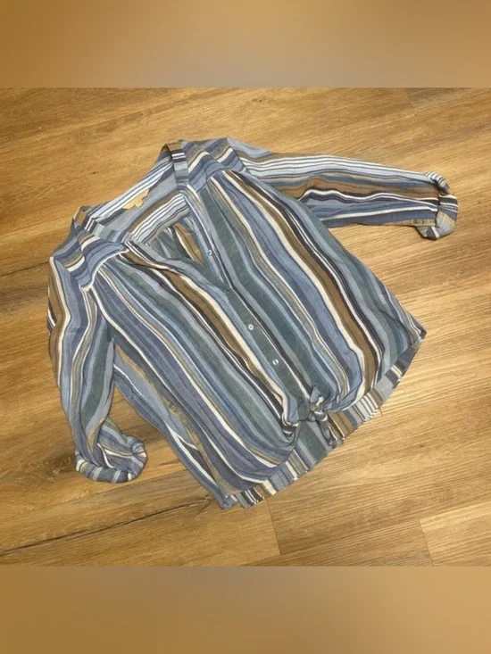 Striped Tie-Front Button Shirt - Blue & Brown large NWOT