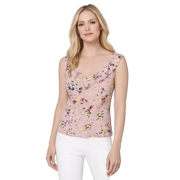 NWT White House Black Market Sleeveless Ruffle Top Petal Swirls Sepia 14