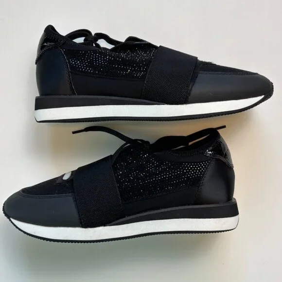 NEW Lola Cruz Crystal Sneakers 36 Black Rhinestone Elastic Strap Designer
