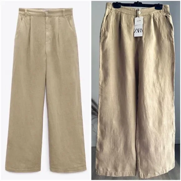 ZARA WIDE LEG LINEN PANTS LIGHT KHAKI