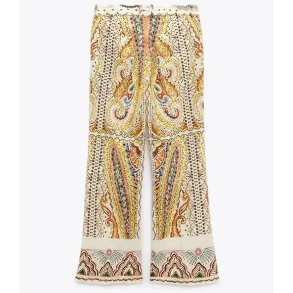 Zara Linen Blend Paisley Printed Cream and Earthtone Flare Leg Pants • Size XS