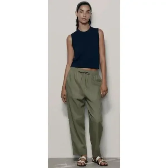 NEW Zara Women Linen Blend Pull On Pant Size S Elastic Waist Beachy Casual Green
