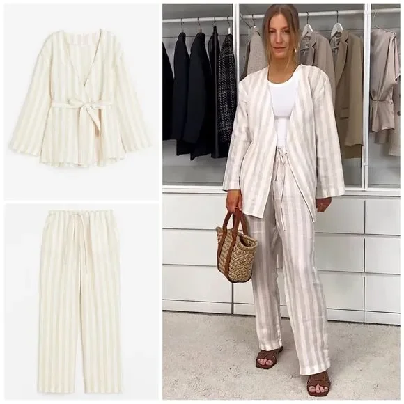 H&M Co-Ord 100% Linen Striped Set Pants Top New