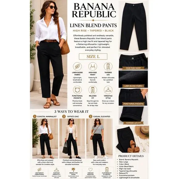 Banana Republic Line Blend Pants Tapered High Rise Black SZL