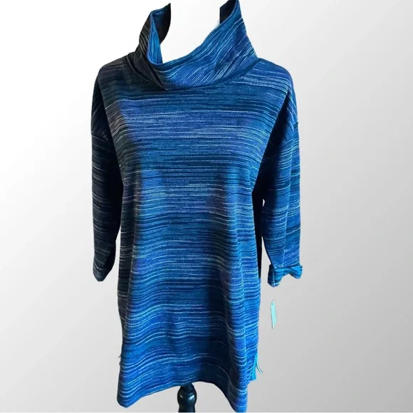 NWT T by Talbots Tunic Top in 1XP Blue Print Cowl Neck Long‎ Sleeve Textured