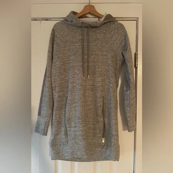Athleta Victory Sweatshirt Dress Small Grey Hoodie‎ With Zippered Pockets EUC