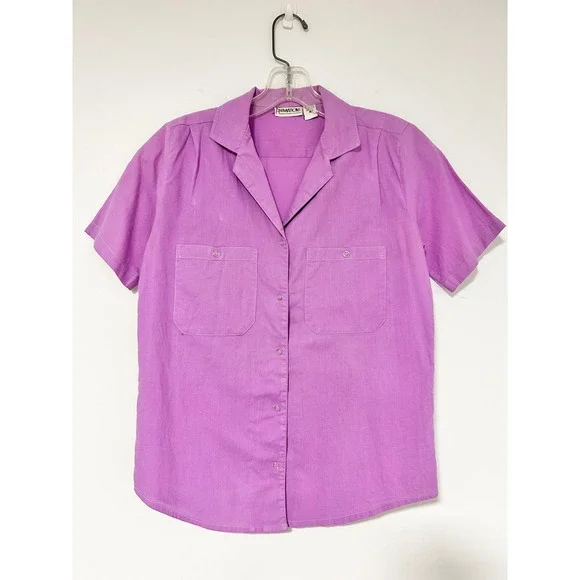 Animations Vintage Purple Cotton Snap Front Short Sleeve Camp Shirt Womens M