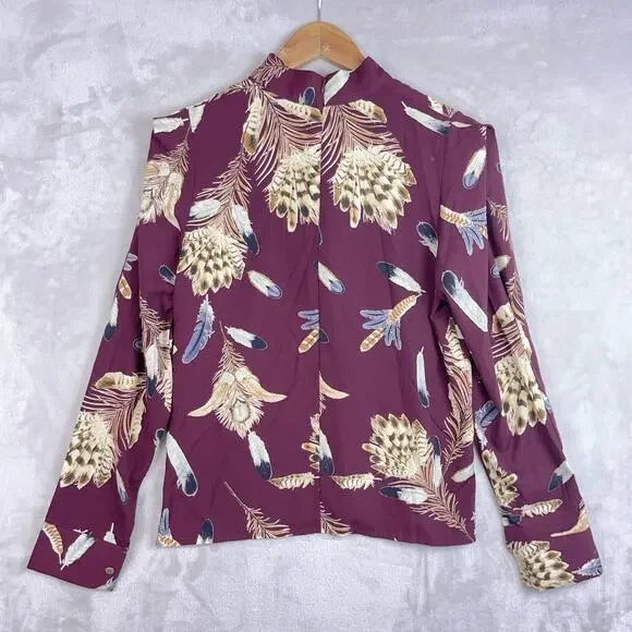 Pinkyotto New York Blouse Mock Nexk Feather Print Burgundy Top Med Boho Earthy