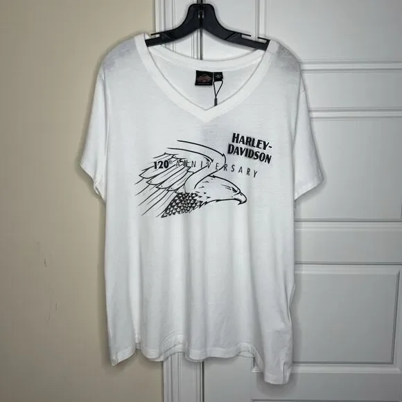 Harley Davidson Women's V Neck White Shirt 120th‎ Anniversary Large Eagle Design