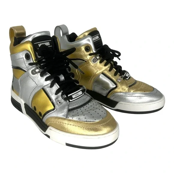 Moschino High Top Sneakers Gold Silver Metallic Leather Made in Italy Size 38
