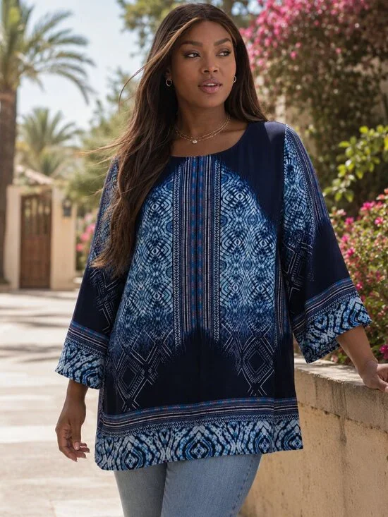 ROSE + OLIVE Batik Blue Tie Dye Tunic Top 1X Plus Tribal Boho Blouse Shirt