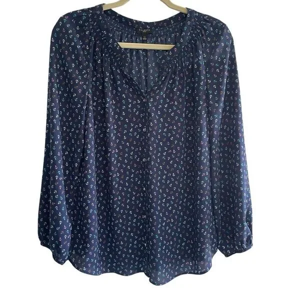 Talbots Petite Nautical Boat Anchor Print Long Sleeve Navy Blouse Top Sz Large