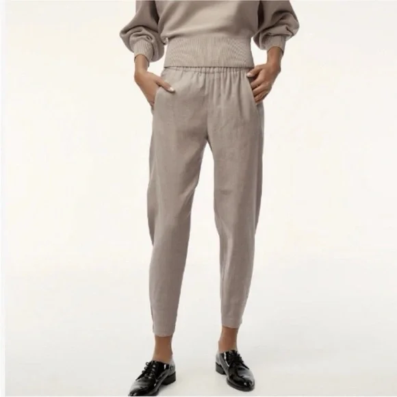 Aritzia Babaton Linen Blend Dexter Jogger Pants Cropped Ankle Pull On Beige SML