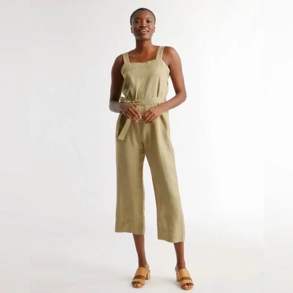 QUINCE Square Neck Linen Jumpsuit Women Medium Olive Green Belted Sleeveless