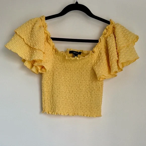 Butter Yellow Smocked Crop Top Ruffle‎ Sleeve Summer Brunch L Forever 21