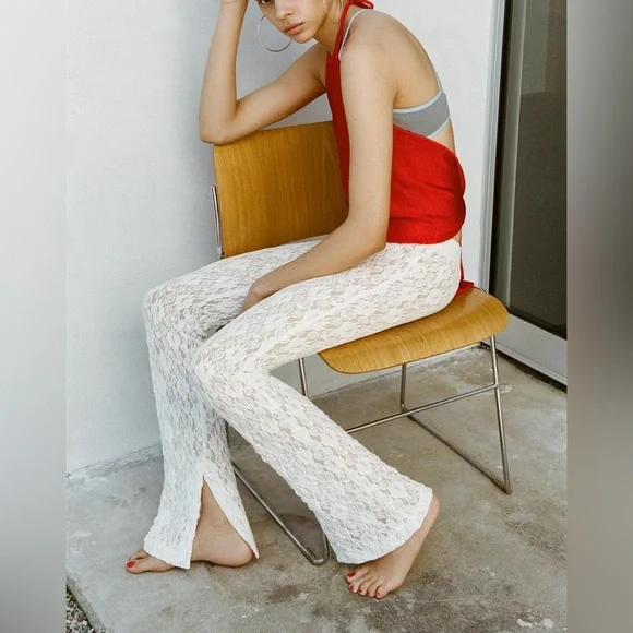 Zara lace white flare split side hem stretchy leggings pants