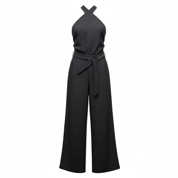 Mango MNG Halter Cross Front Jumpsuit Belted Black Linen Blend Size M Back Zip