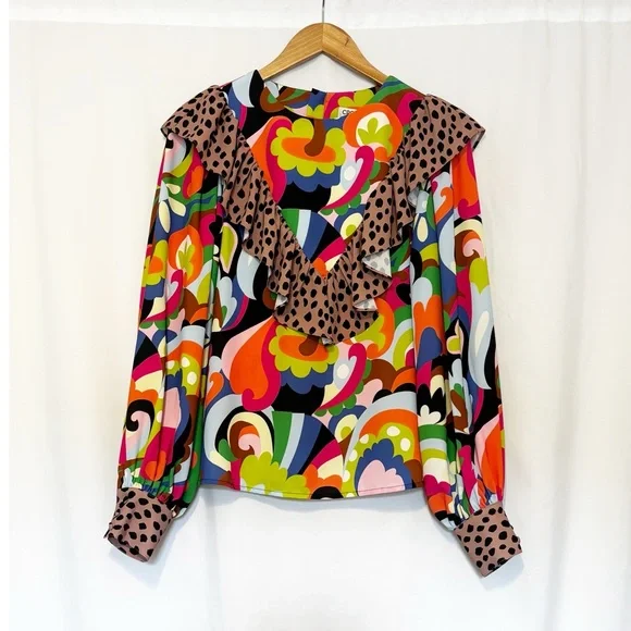 Crosby by Mollie Burch Retro Print Blouse‎ with Contrast Animal Print Ruffle