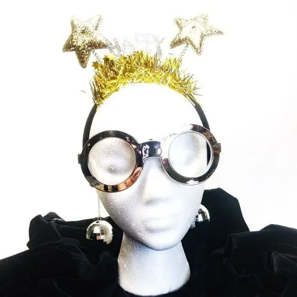 Happy New Year Glam Accessories: Gold Stars Headband & Silver Disco Glasses
