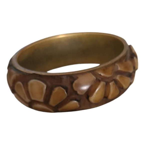 Floral Carved Chunky Bangle Bracelet Brown Vintage