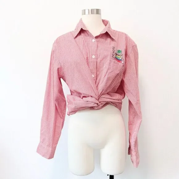 Las Olas VTG Librarian Plaid Gingham Checkered Button Down Top Large Red