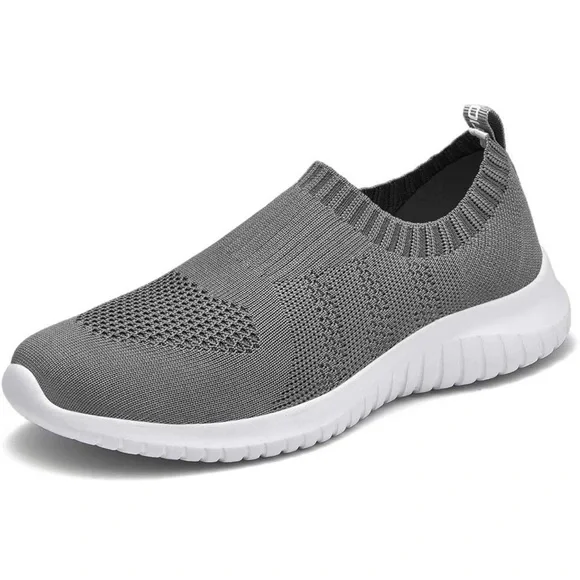 7W NWT-Gray and White Slip-On Sneakers with Knit Upper