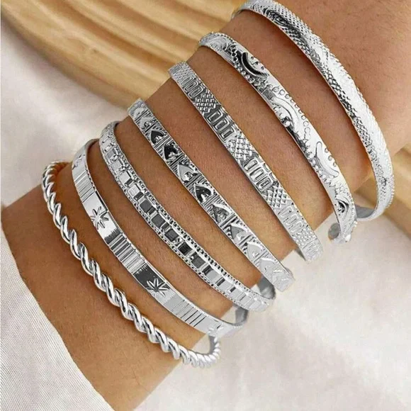 Silver Stacked Bracelet Set with Textured Designs