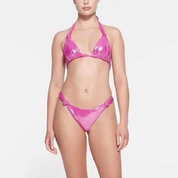NWT Skims Liquid Shine‎ Swim Knotted Cheeky Tanga Bottom - Lollipop Pink Size XL