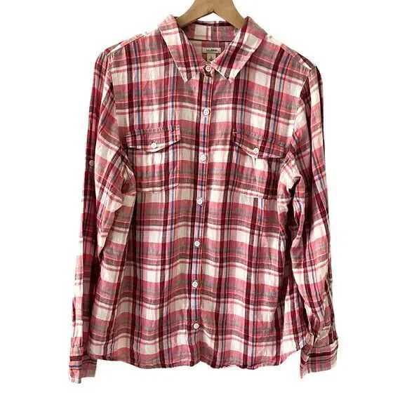 L.L. Bean Pink White Plaid 100% Linen‎ Button Up Long Sleeve Blouse Size L