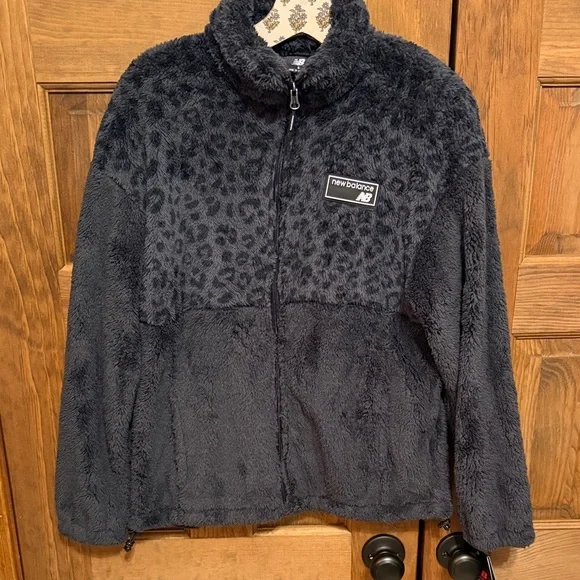 NWT New Balance Faux Fur Zip Up/ Black Leopard Print Combo