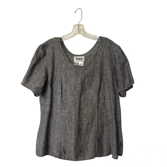 FLAX Women Medium Gray 100% Linen Short Sleeve Scoop Neck Blouse Lagenlook Top