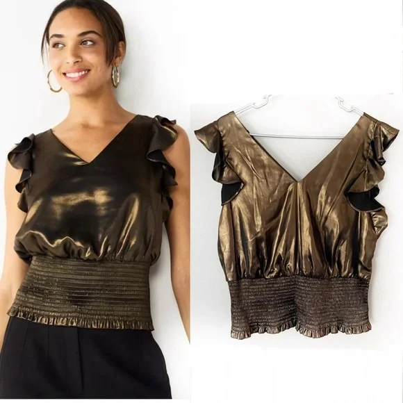 Nine West Metallic Brown Smocked Hem Ruffle Top Sleeveless Large Party Glam Chic