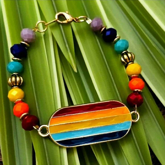 Multicolor Enamel Stripe Beaded Bracelet - Women Jewelry NWT!