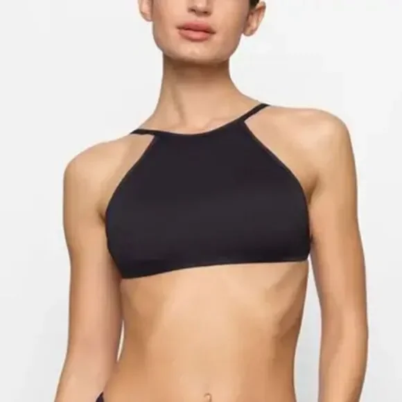 NWT SKIMS Recycled Swim High Neck Back Tie Onyx Black Top