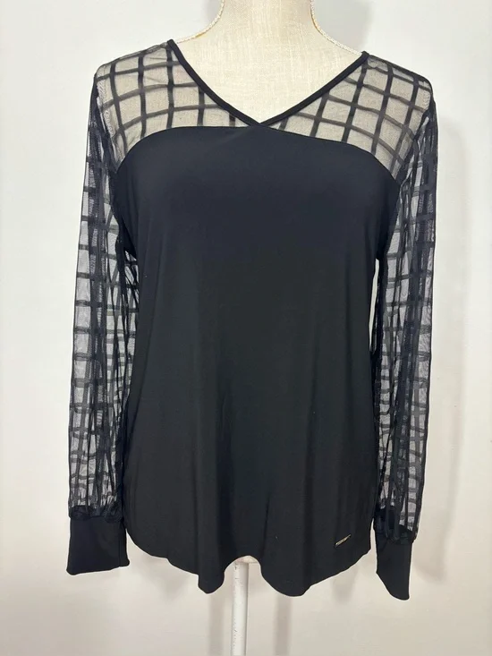 Nine West Black Sexy Sheer Grid Yoke and Sleeves Top Sz M Gothic
