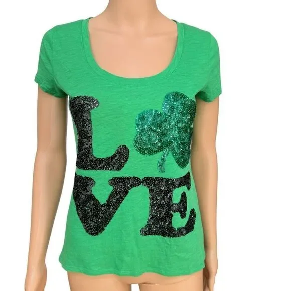 Express Women's Love Sequin St. Patrick's Day Top shirt cotton blend size XS