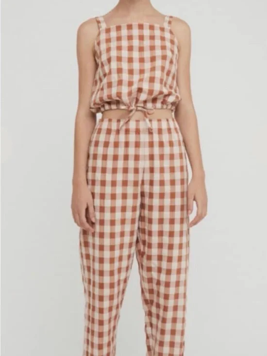 Rita Row Lula Top Brown check Tie-Waist Cropped Tank cotton blend Medium NEW