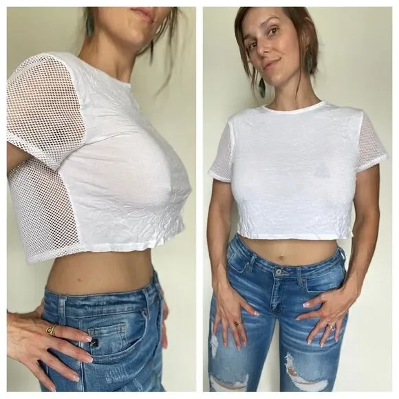 PRETTYLITTLETHING Top White Mesh Crop Festival Rave Party US 6