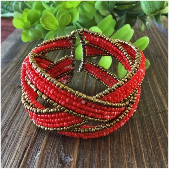 Handmade Twisted Flexible Seed Bead Braided Open Cuff Bracelet – Red & Gold