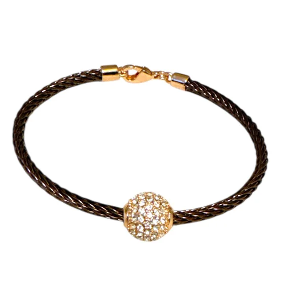 Pave Crystal Bead Bracelet Dark Cable Wire Gold Tone Quiet Luxury Glam Minimalis