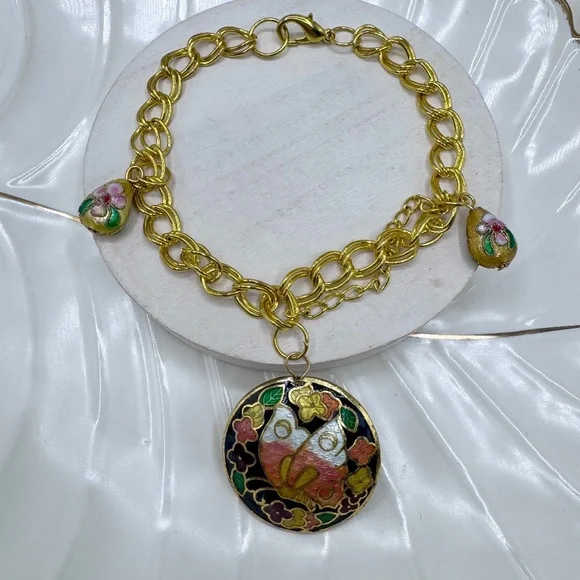 Gold-Tone Floral Cloisonné Butterfly Charm Bracelet