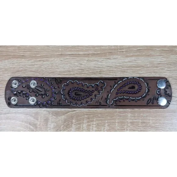 Brown Leather Cuff Bracelet Paisley Embossed Purple Studded Snap Closure